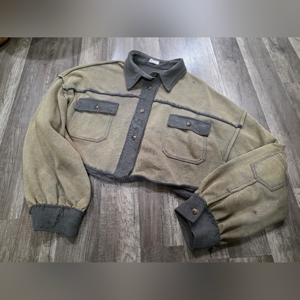 POL boho Cropped Jersey Jacket Khaki Tan Free People Revolve Festival Grunge